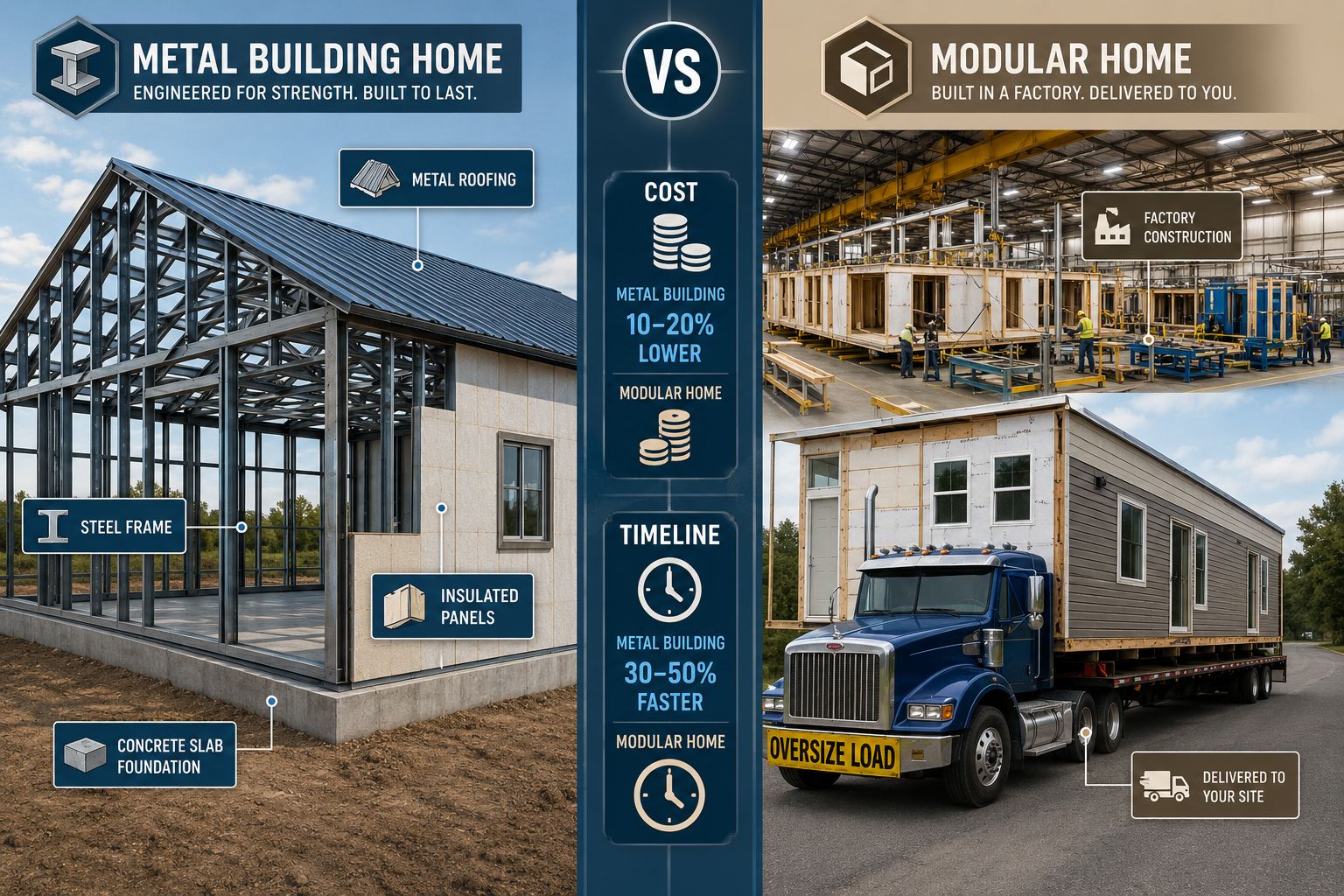 Detailed () editorial infographic-style illustration comparing metal home construction vs modular home construction side by
