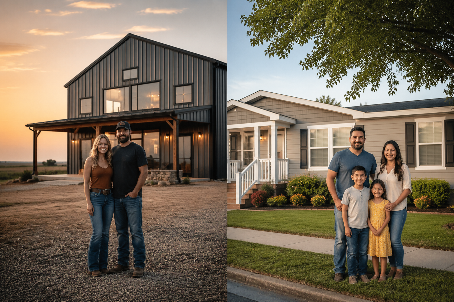 Detailed () editorial photograph showing two homeowners standing in front of their respective homes: on the left, a couple