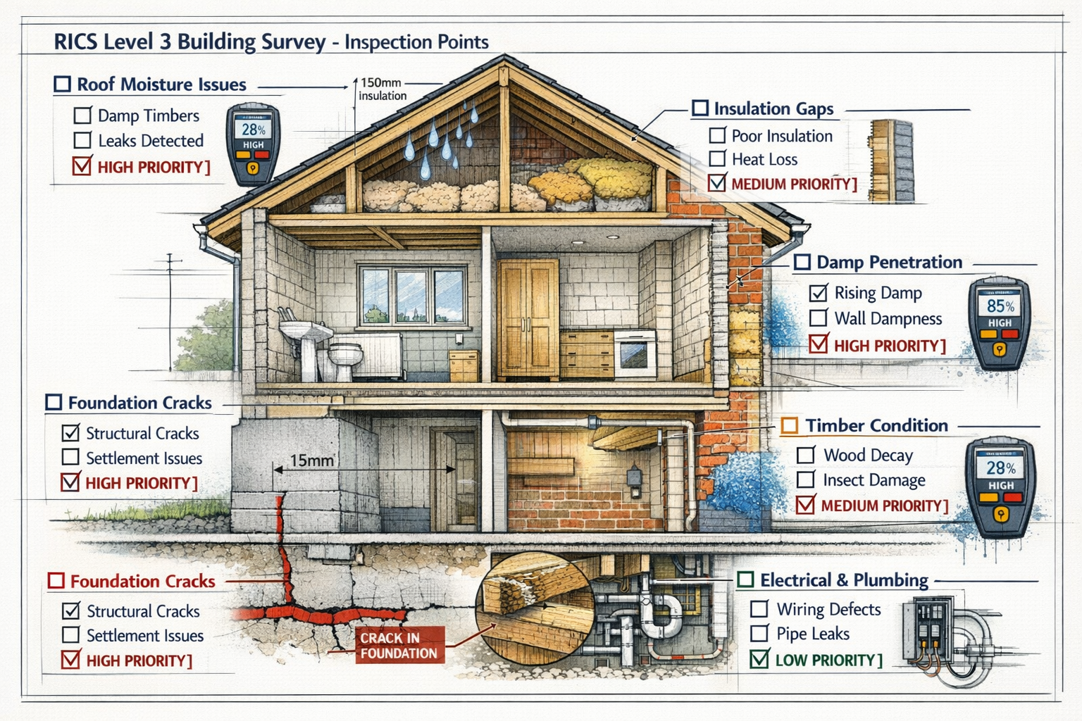 () detailed cutaway illustration of residential property cross-section showing critical survey inspection points: foundation