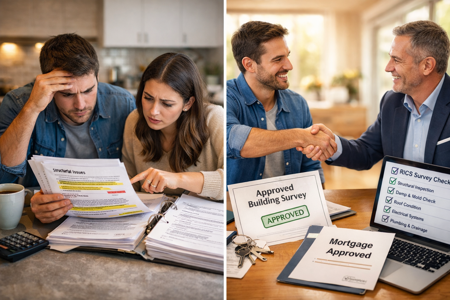 () split-screen comparison showing buyer confidence journey: left side displays anxious first-time buyer couple reviewing