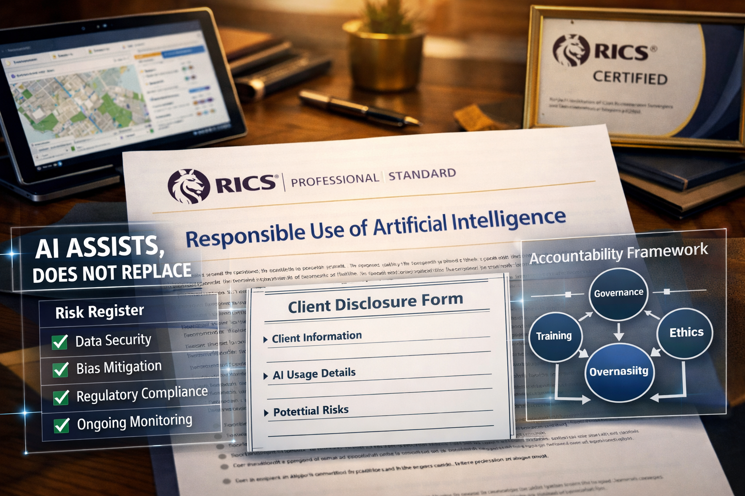 Detailed () image showing close-up of RICS professional standard document with 'Responsible Use of Artificial Intelligence'