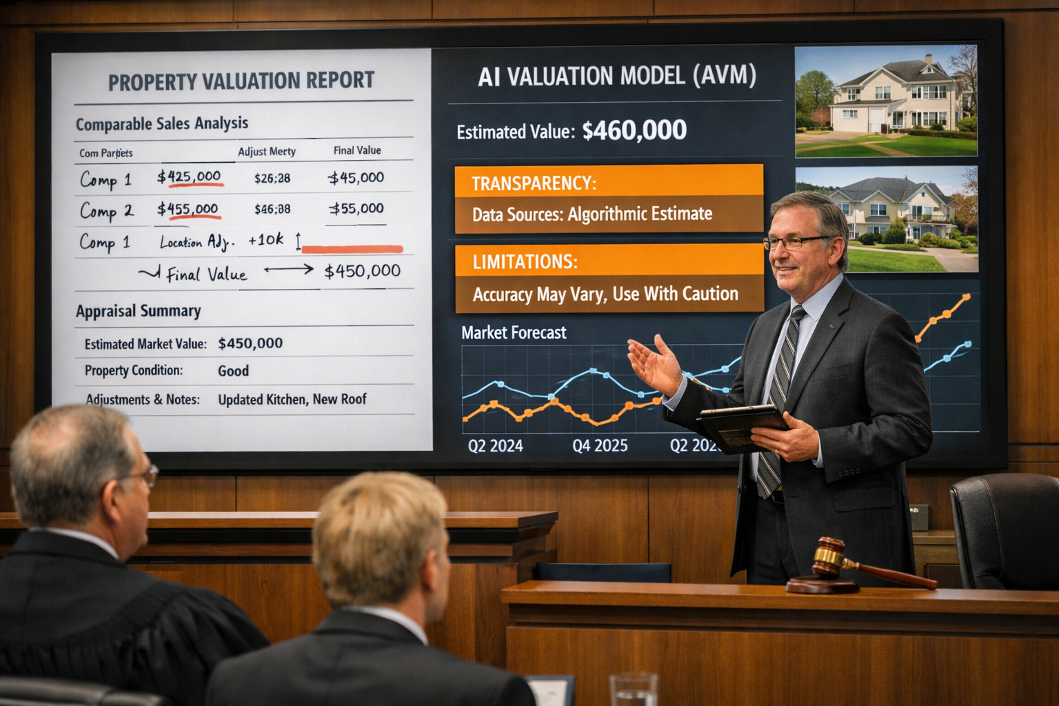 Detailed () image depicting expert witness in professional attire presenting valuation evidence in modern courtroom setting,
