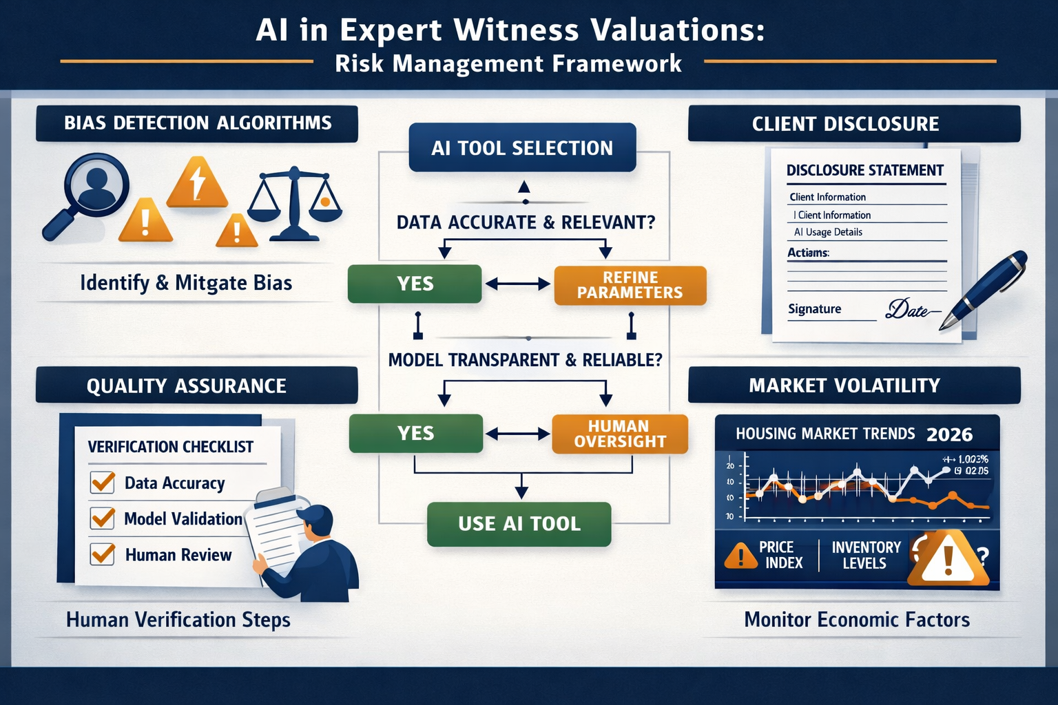 Detailed () infographic-style image showing risk management framework for AI in expert witness valuations, featuring central