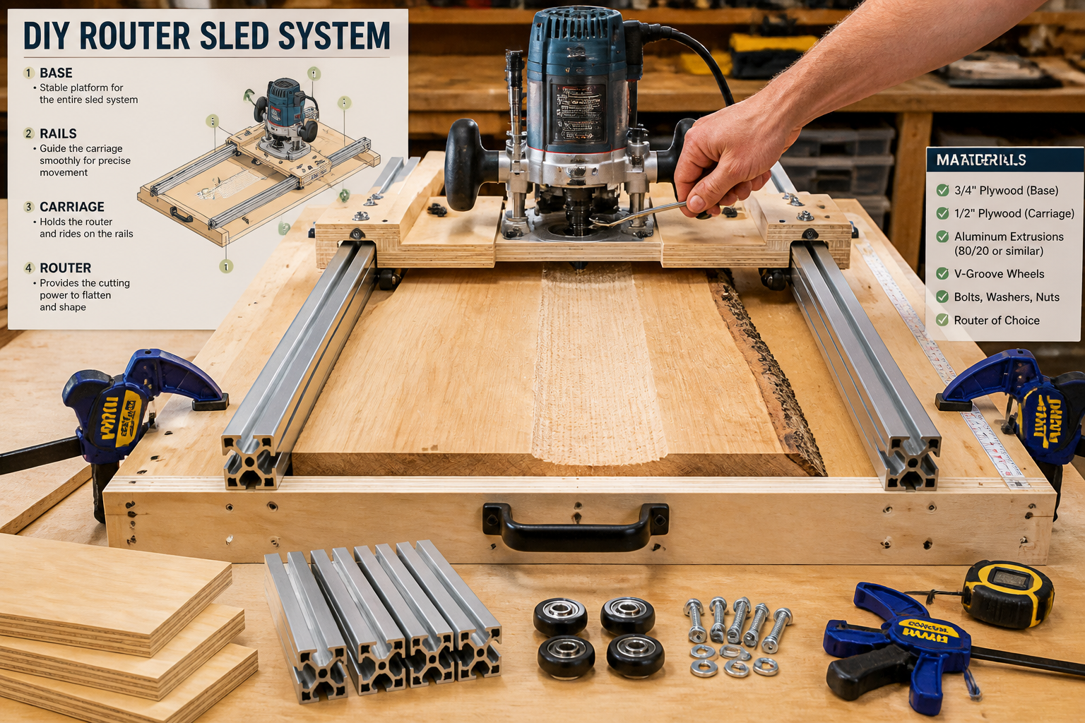 Detailed () image illustrating the essential components of a DIY router sled system, including the base, rails, and a router