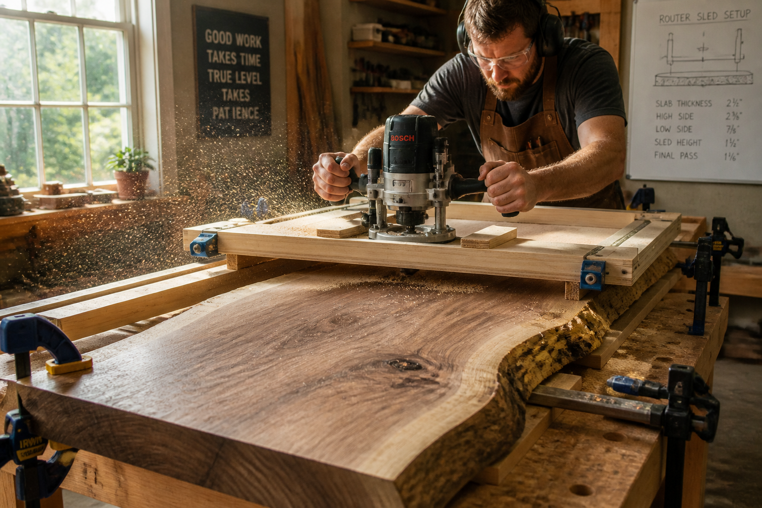 Detailed () image showcasing the practical application of a router sled in a home workshop. A craftsman is expertly pushing