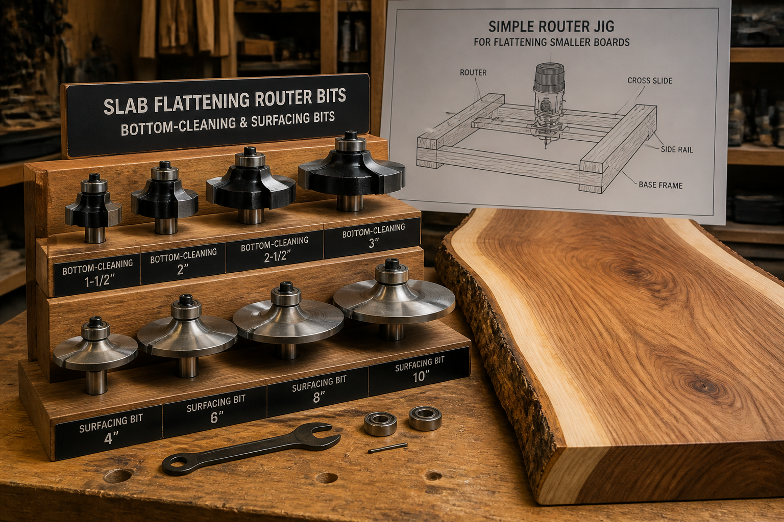 Detailed () image featuring a neatly organized collection of different router bits specifically used for slab flattening,