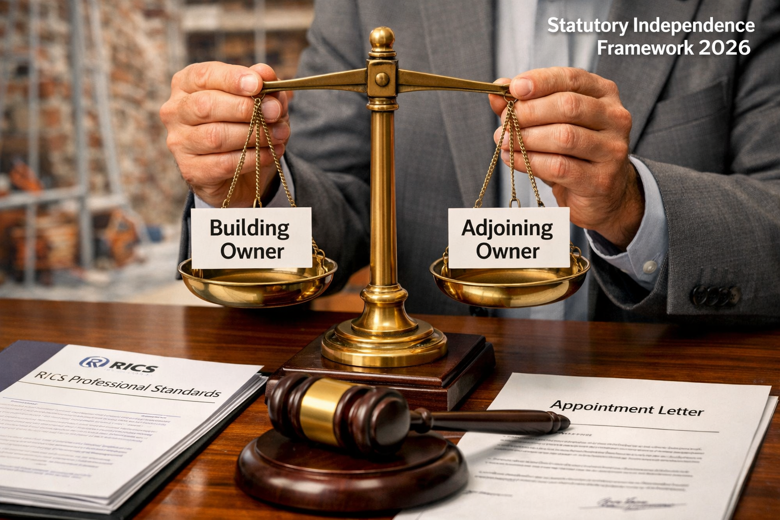 Detailed () image showing close-up of professional surveyor's hands holding balanced scales with 'Building Owner' label on