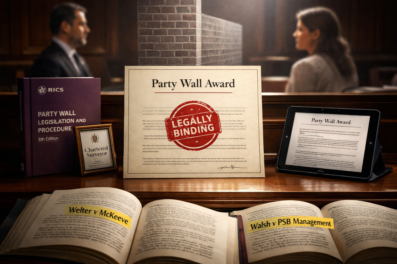 Detailed () image showing modern courtroom or legal setting with focus on party wall award document on judge's bench,