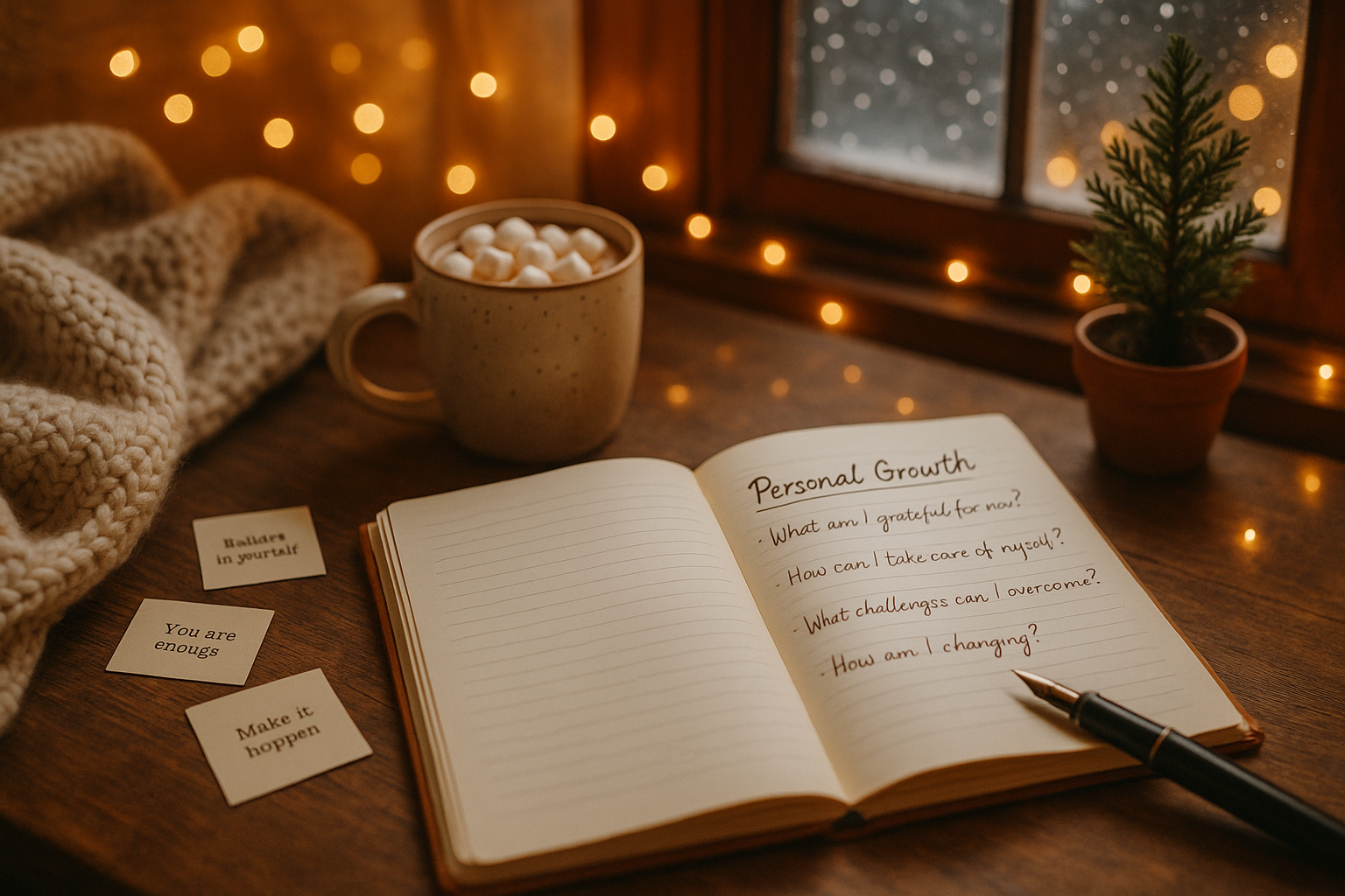 Landscape editorial image (1536x1024) showing thoughtful journaling scene with winter elements: elegant journal open to handwritten prompts 