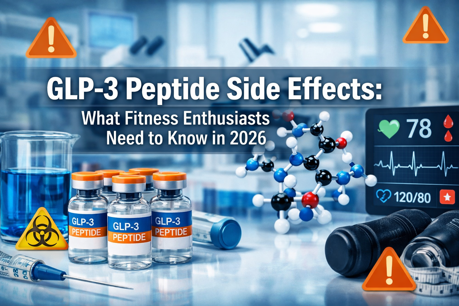 Professional landscape format (1536x1024) hero image featuring bold text overlay 'GLP-3 Peptide Side Effects: What Fitness Enthusiasts Need 