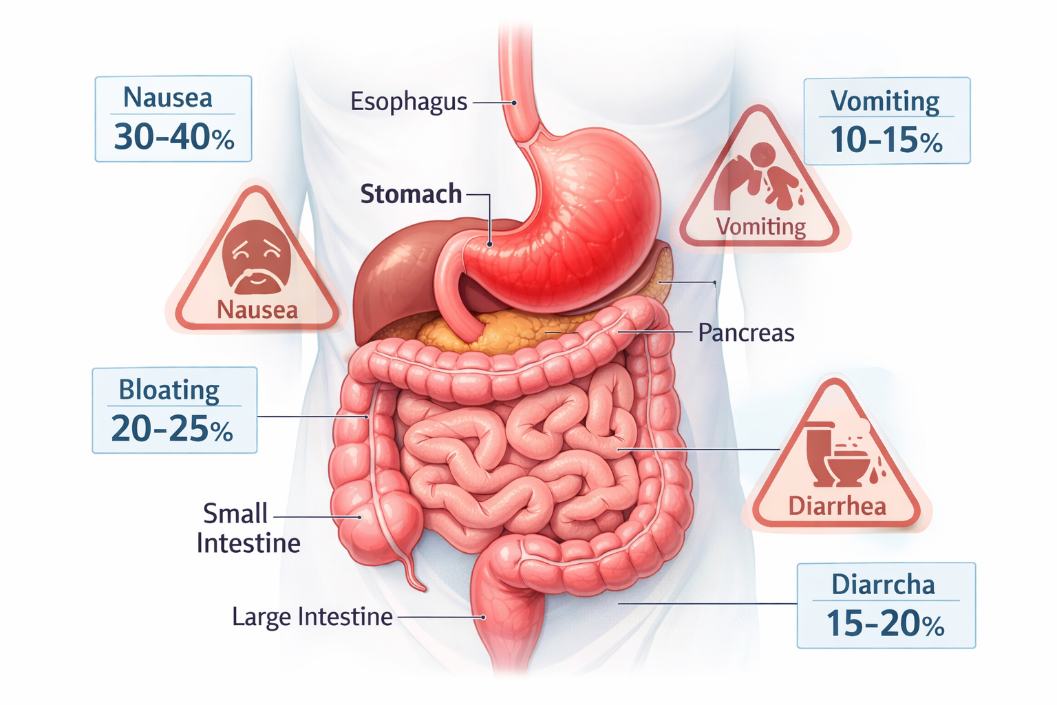 Detailed landscape format (1536x1024) image showing gastrointestinal system diagram with highlighted stomach and intestines in soft pink and