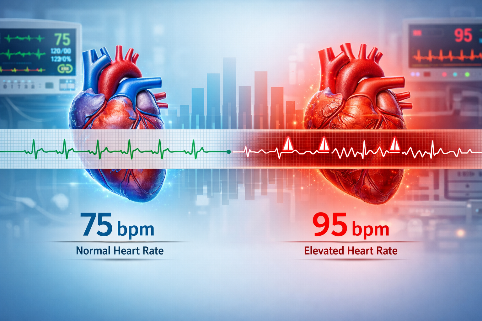 Detailed landscape format (1536x1024) image depicting human heart anatomy with ECG rhythm strip running across center, showing normal versus
