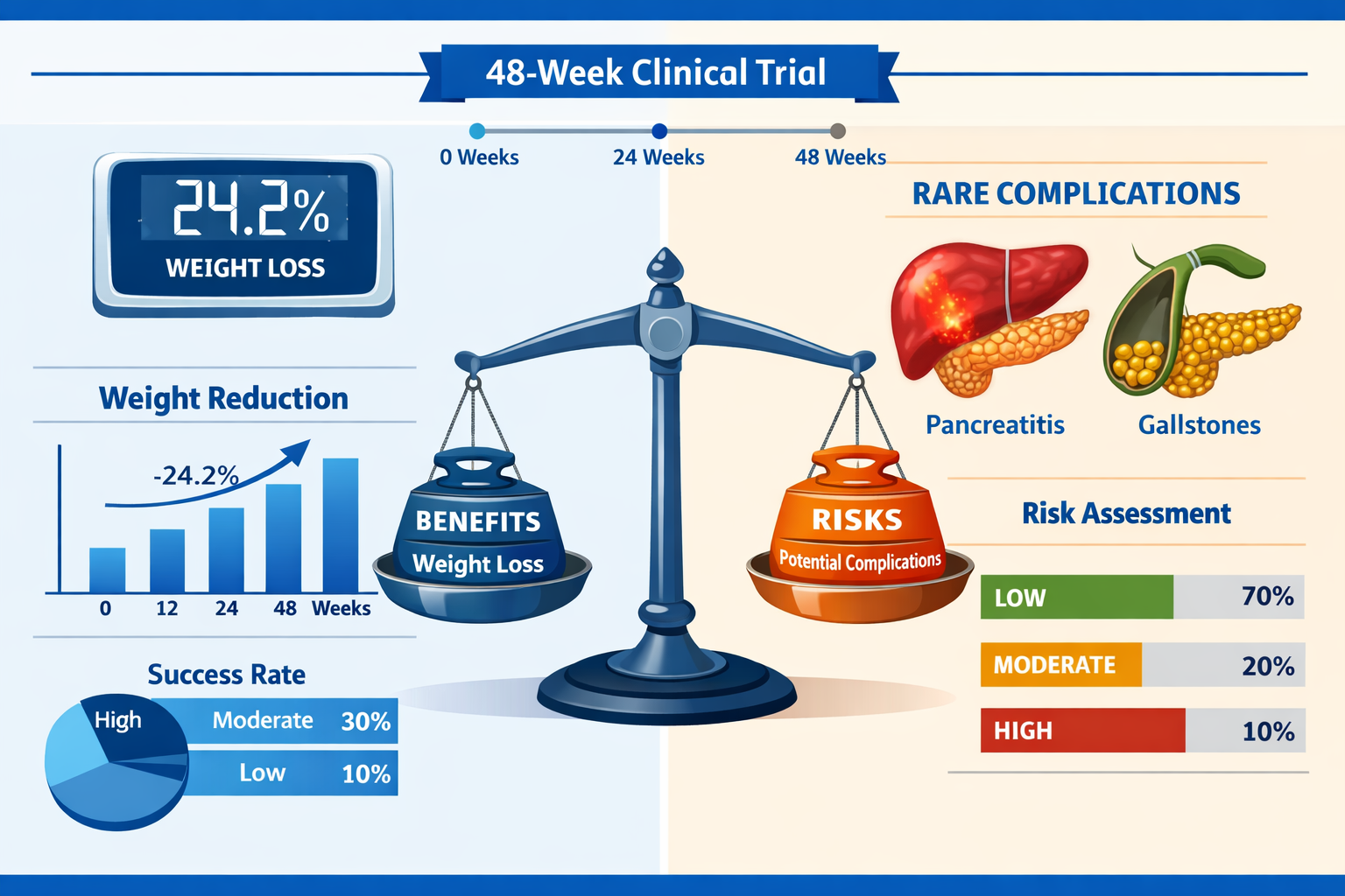 Detailed landscape format (1536x1024) split-screen comparison image showing weight scale displaying 24.2% reduction on left side versus medi