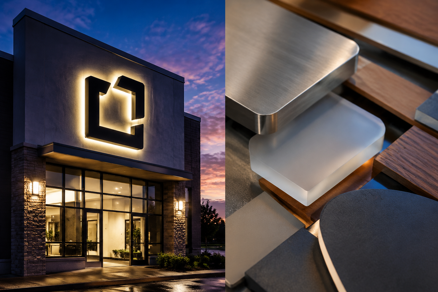 Left: an illuminated channel letter sign on a modern New Jersey storefront glowing against a twilight sky. Right: close-up material samples including polished metal, frosted acrylic, and textured wood