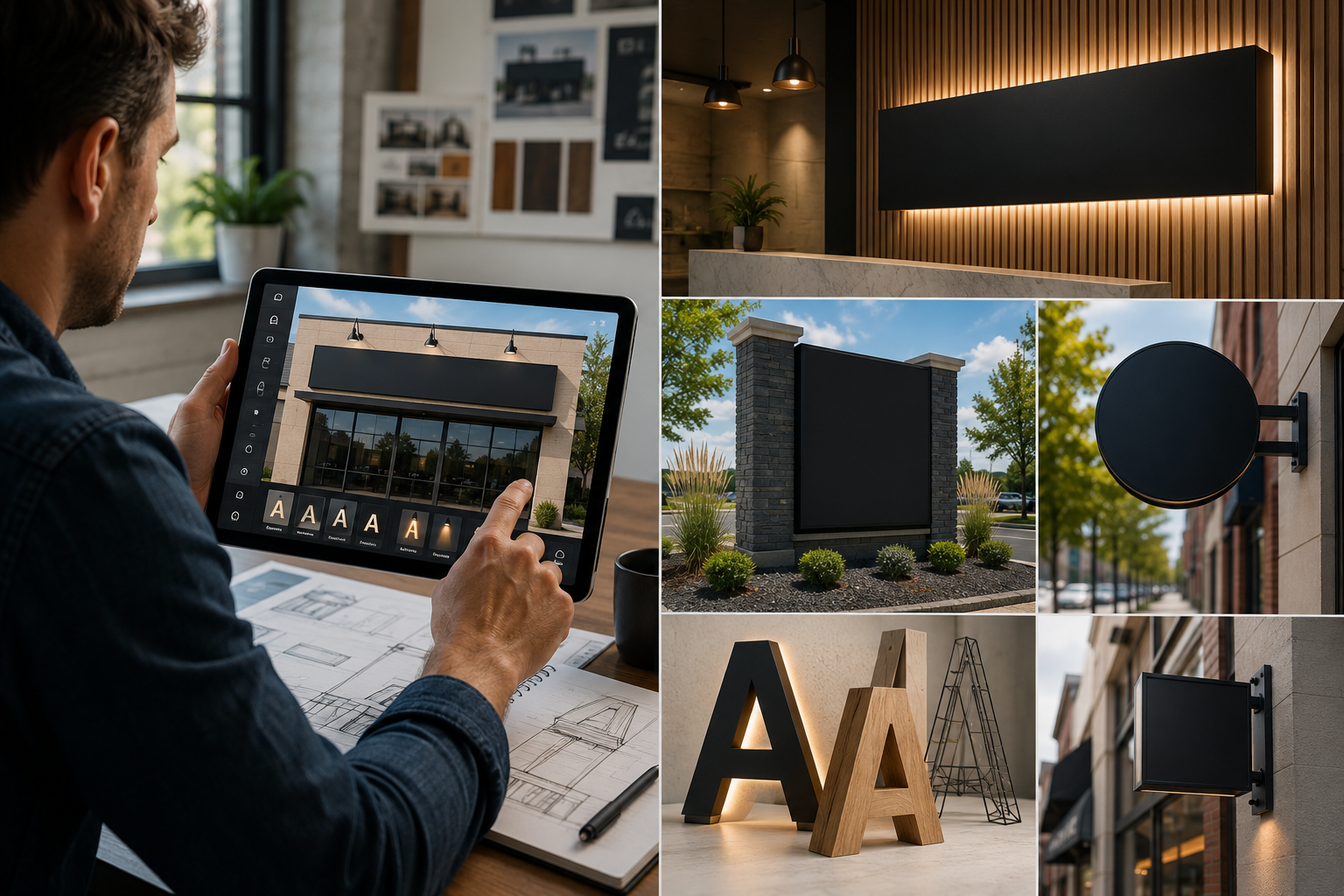 Left: a business owner reviewing a digital storefront-sign mockup on a tablet using the Signage.com Design Studio, with font and lighting options shown on a photo of the actual building. Right: a collection of custom sign types, including a dimensional letter lobby sign