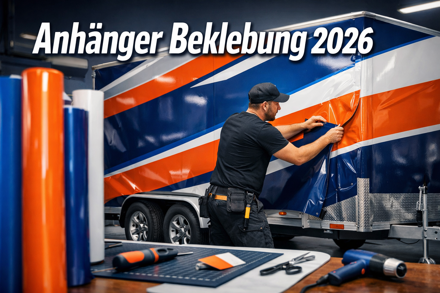 Professional landscape format (1536x1024) hero image featuring bold text overlay 'Anhänger Beklebung 2026' in extra large 70pt white sans-se
