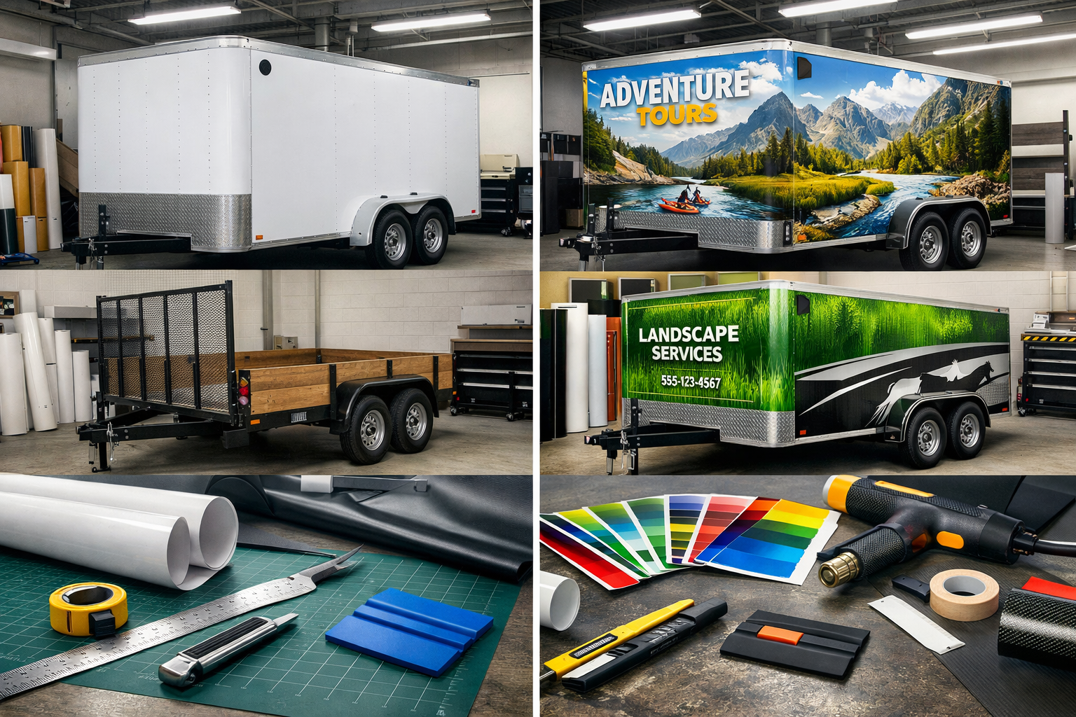 Detailed landscape format (1536x1024) image showing various trailer types (cargo, utility, horse trailers) with different vinyl wrap applica