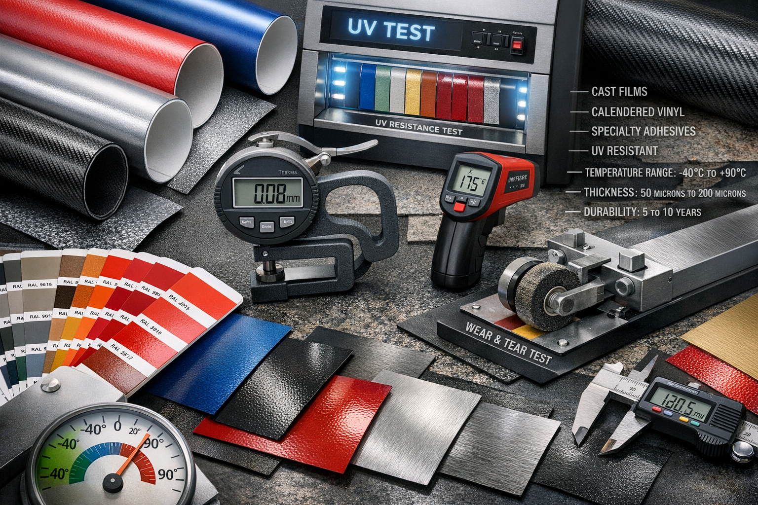 Professional landscape format (1536x1024) image displaying array of high-quality vinyl materials - cast films, calendered vinyl, specialty a