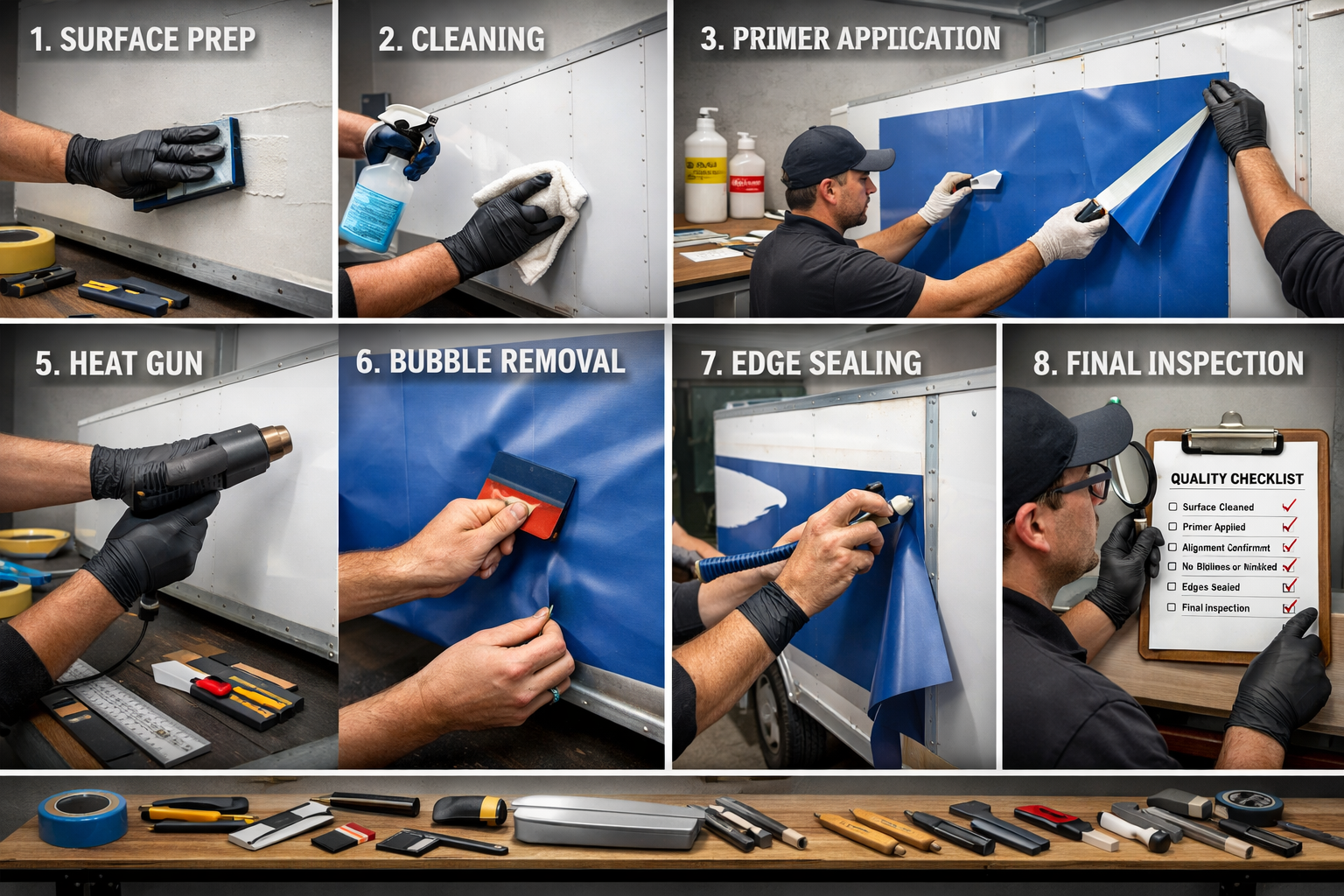Detailed landscape format (1536x1024) step-by-step installation process visualization - trailer surface preparation, cleaning solvents, prim