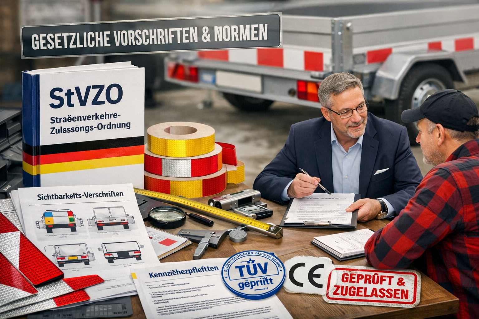 Landscape format (1536x1024) image showcasing legal compliance elements - official German road regulations handbook (StVZO), reflective safe