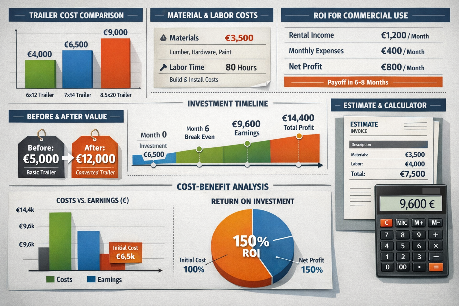 Professional landscape format (1536x1024) cost breakdown infographic - price comparison charts for different trailer sizes, material cost ca
