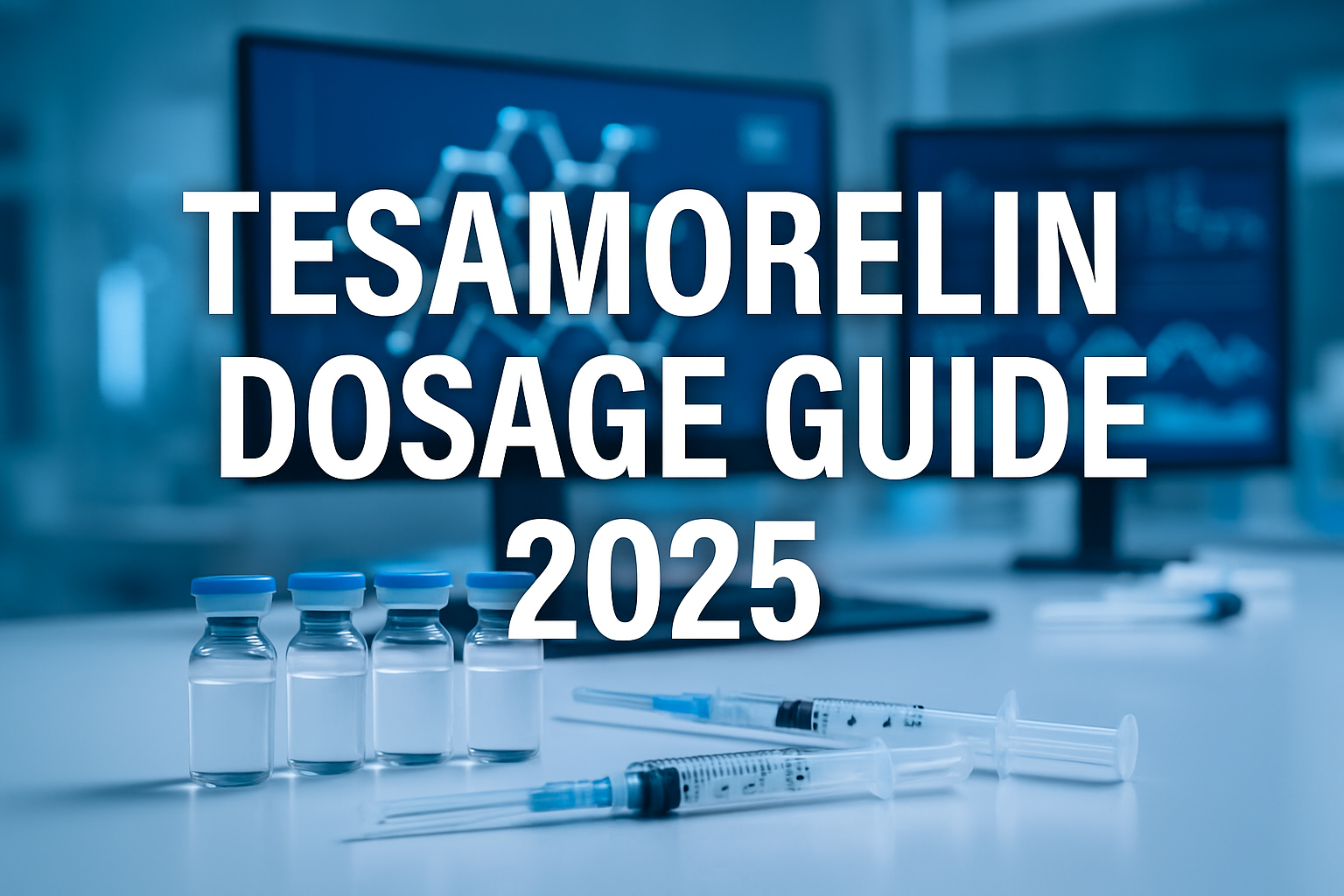 Professional landscape hero image (1536x1024) featuring bold text overlay 'Tesamorelin Dosage Guide 2025' in extra large 72pt white sans-ser