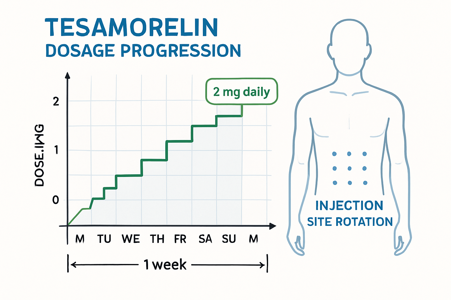 Scientific infographic showing tesa dosage progression chart with 2mg daily standard dose highlighted, weekly timeline calendar, inje