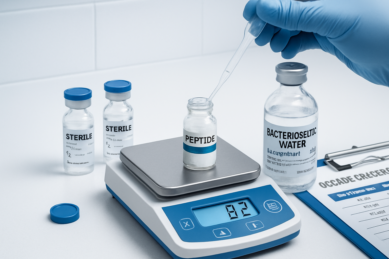 Laboratory research setup showing peptide reconstitution process, sterile vials with measurement markings, bacteriostatic water, precision s