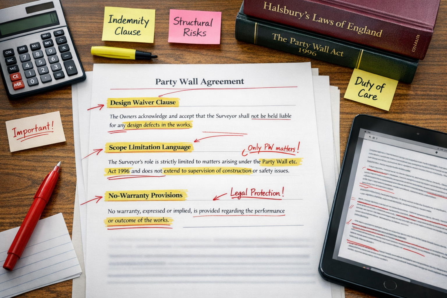 () professional photograph of surveyor's desk from overhead perspective showing detailed party wall agreement document with