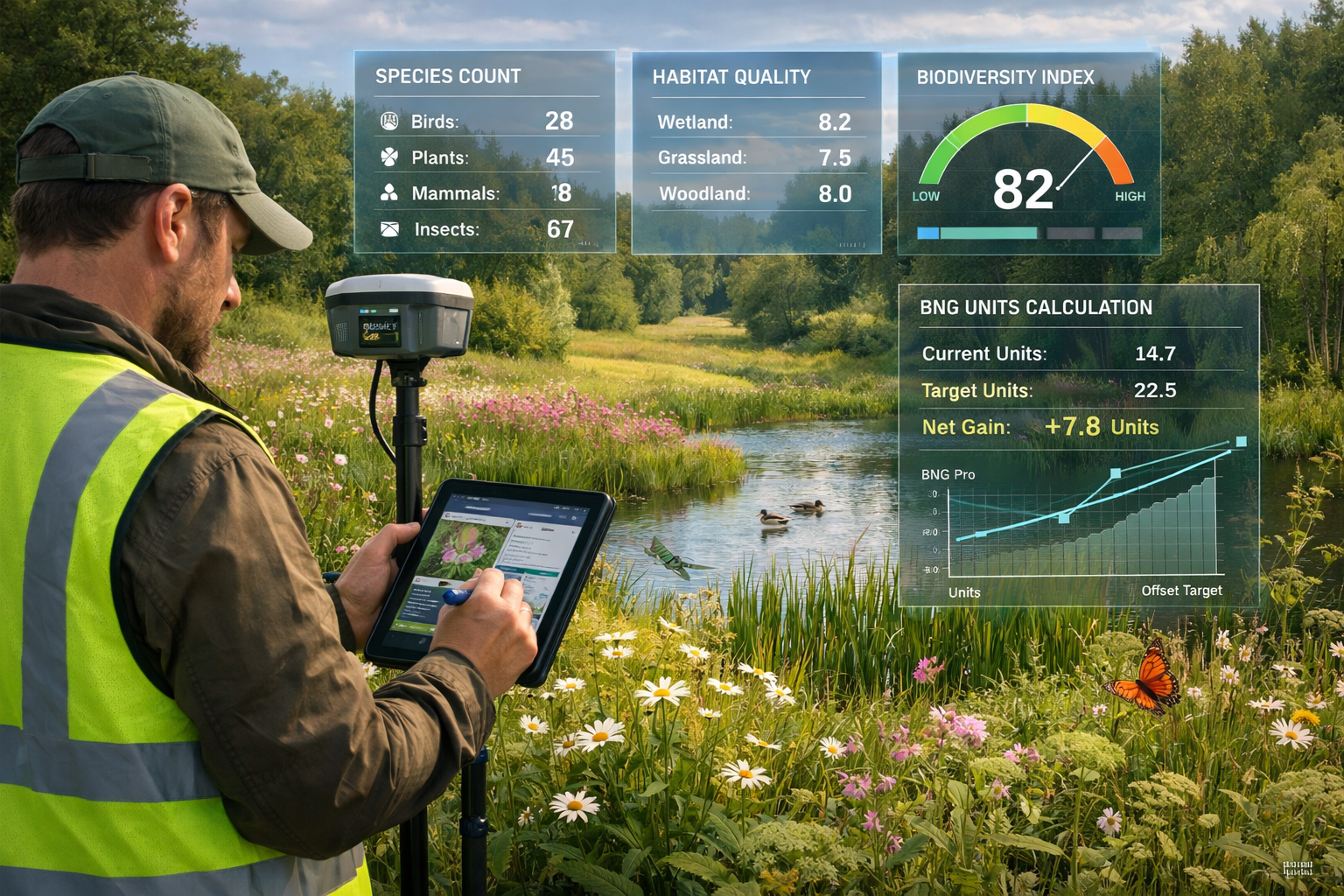 Detailed () image showing professional ecological surveyor in high-visibility vest using modern digital tablet and GPS