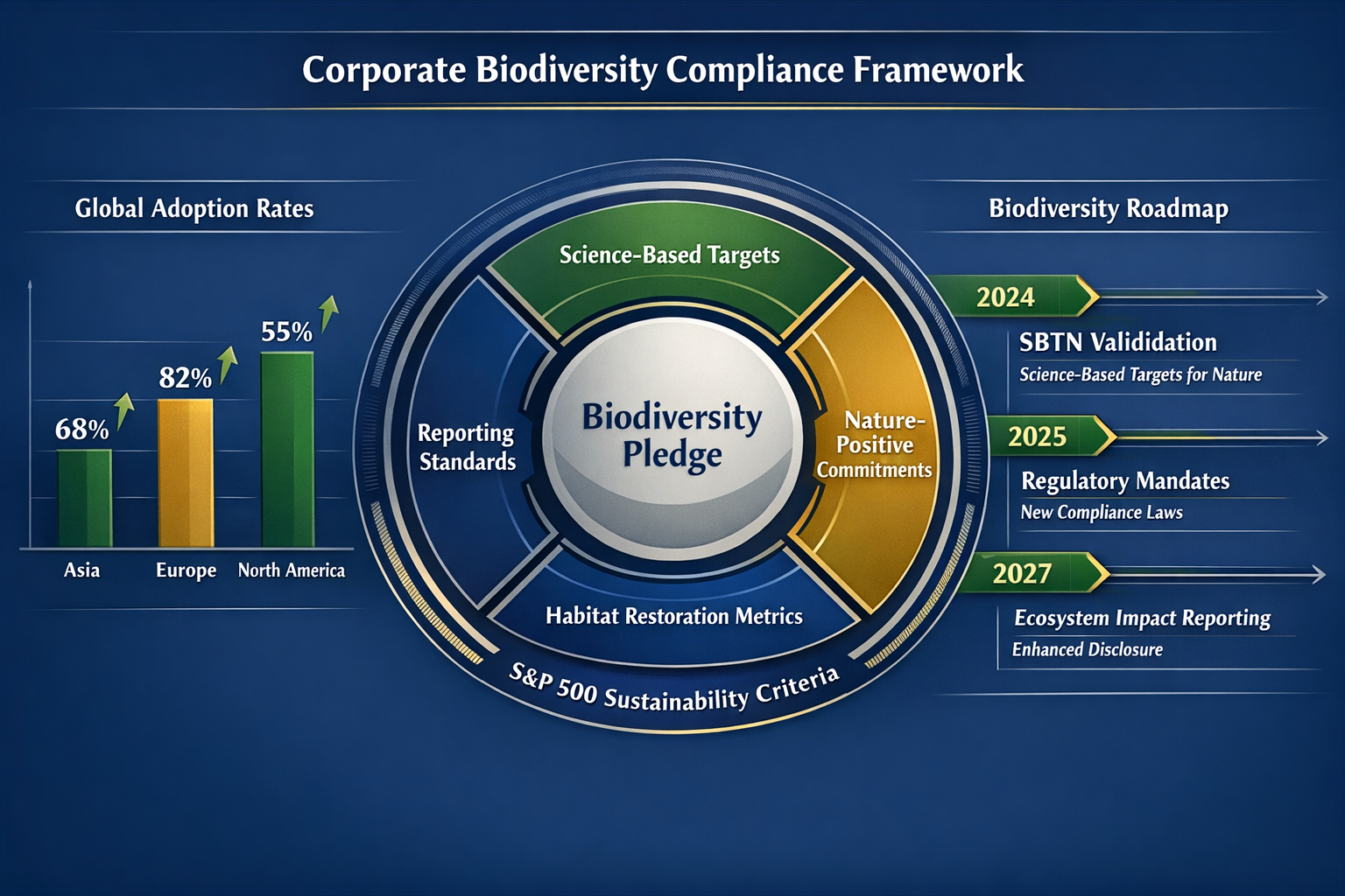 Detailed () infographic-style image displaying corporate biodiversity compliance framework as interconnected visual system.