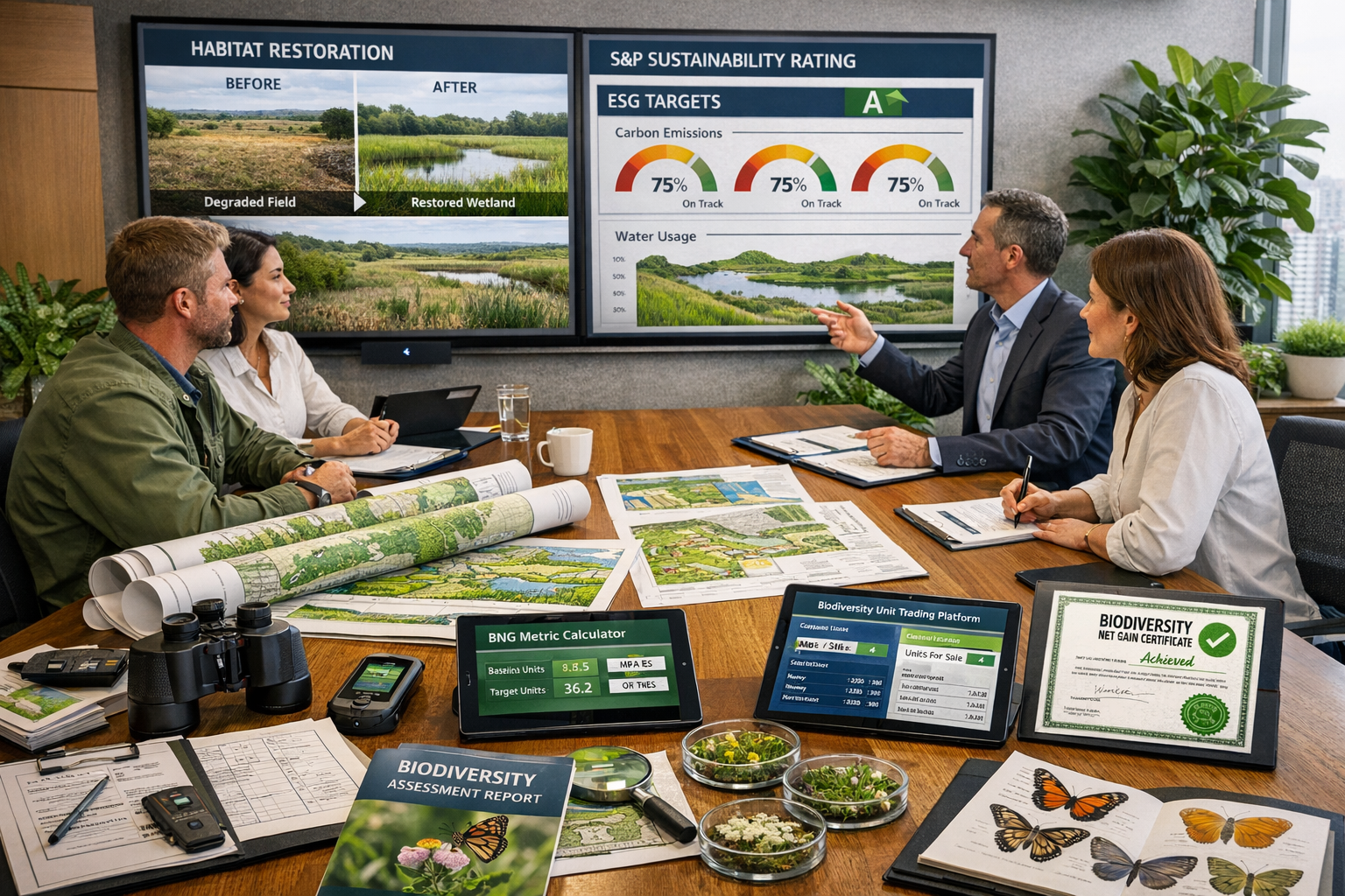 Detailed () image showing modern collaborative workspace where corporate sustainability team meets with ecological