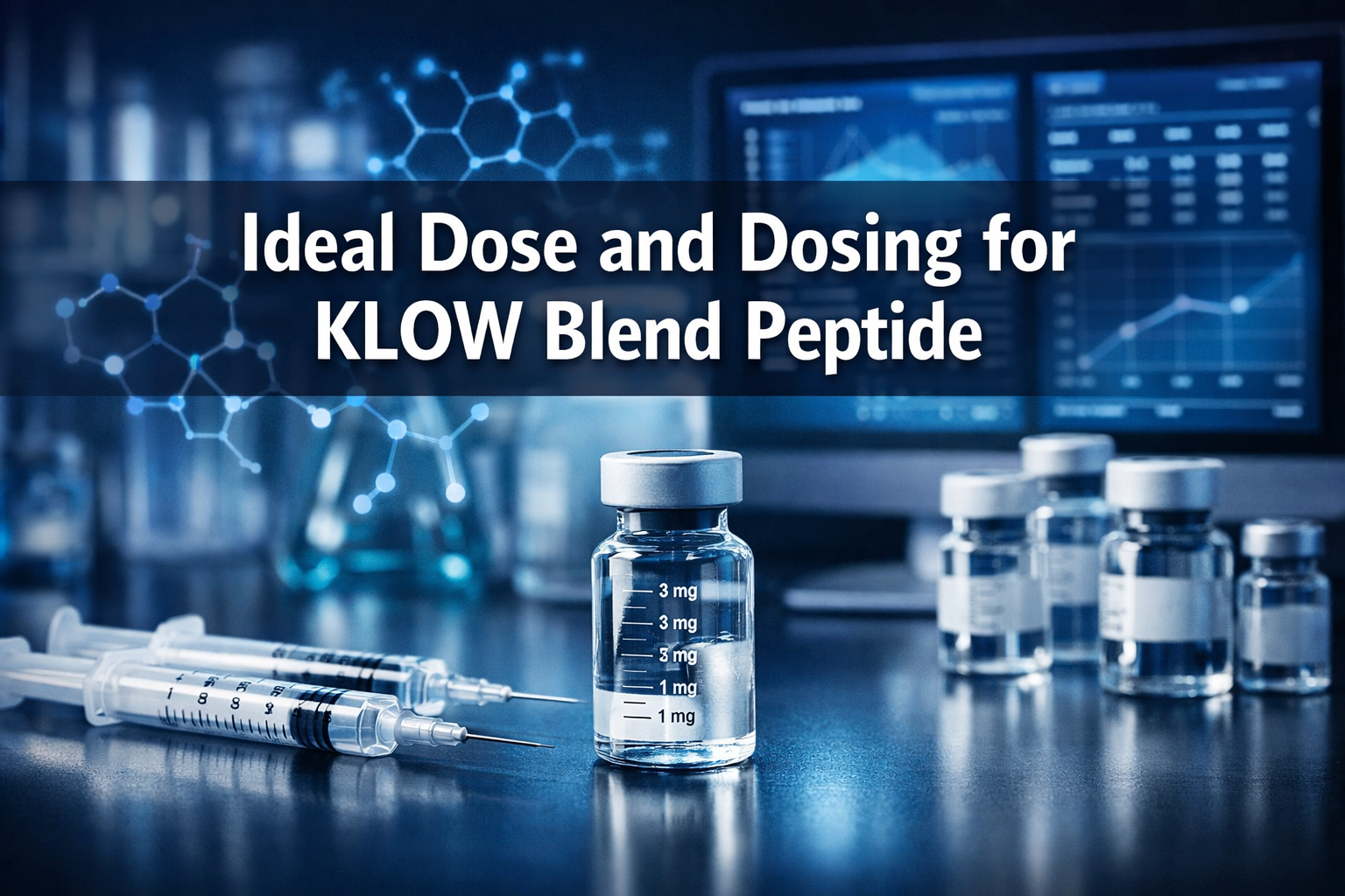 Professional landscape hero image (1536x1024) featuring bold text overlay 'Ideal Dose and Dosing for KLOW Blend Peptide' in extra large 72pt