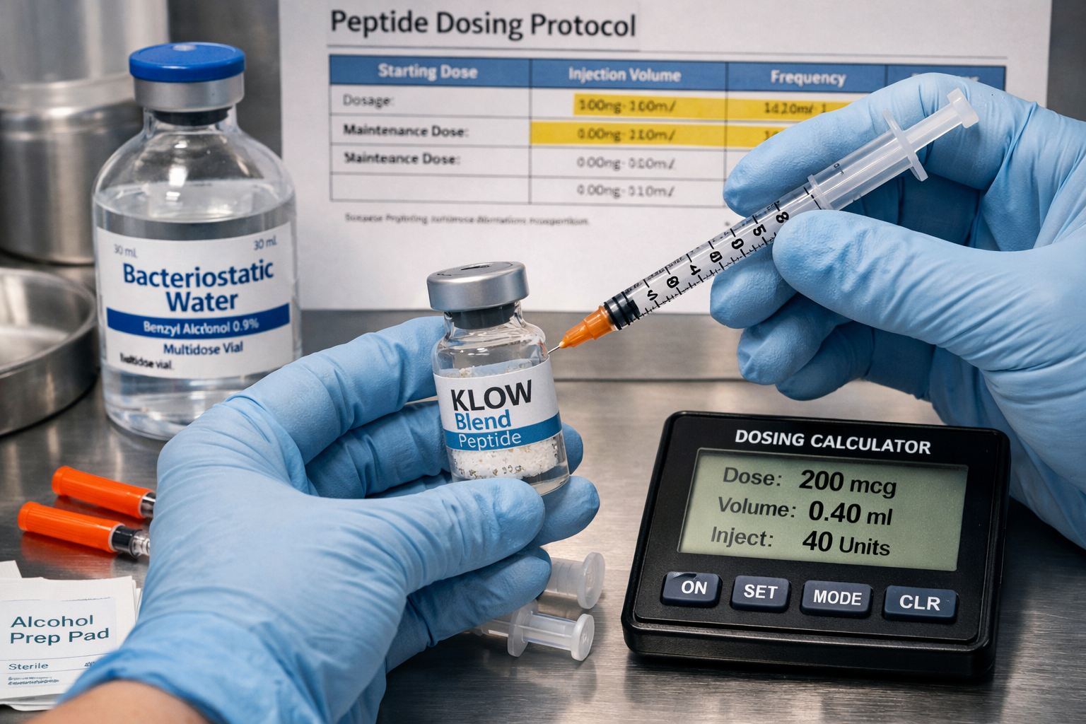 High-resolution editorial photograph of peptide reconstitution process showing sterile workspace with bacteriostatic water vial, KLOW blend 