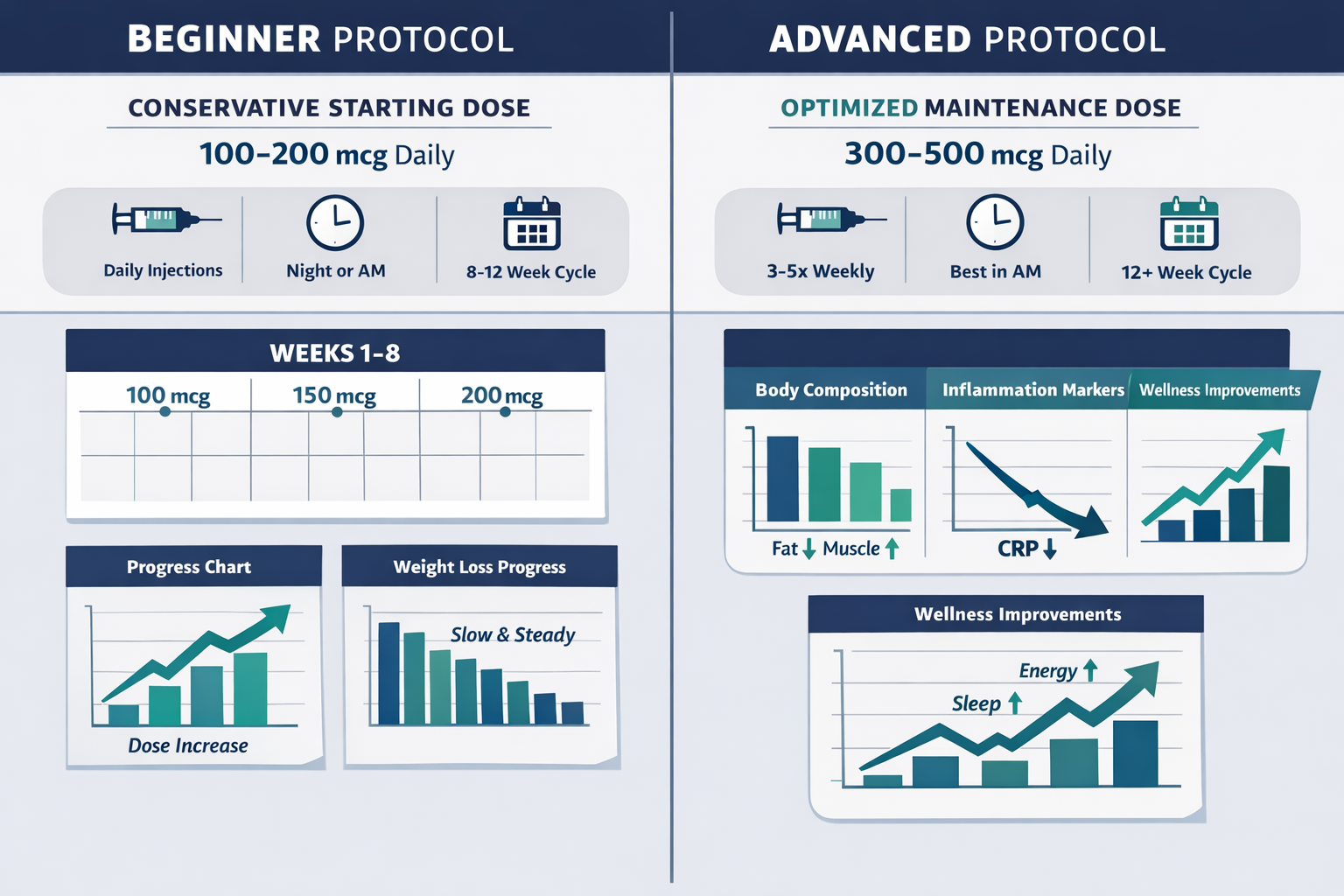 Split-screen comparison visualization showing beginner versus advanced KLOW blend peptide dosing protocols. Left side displays conservative 