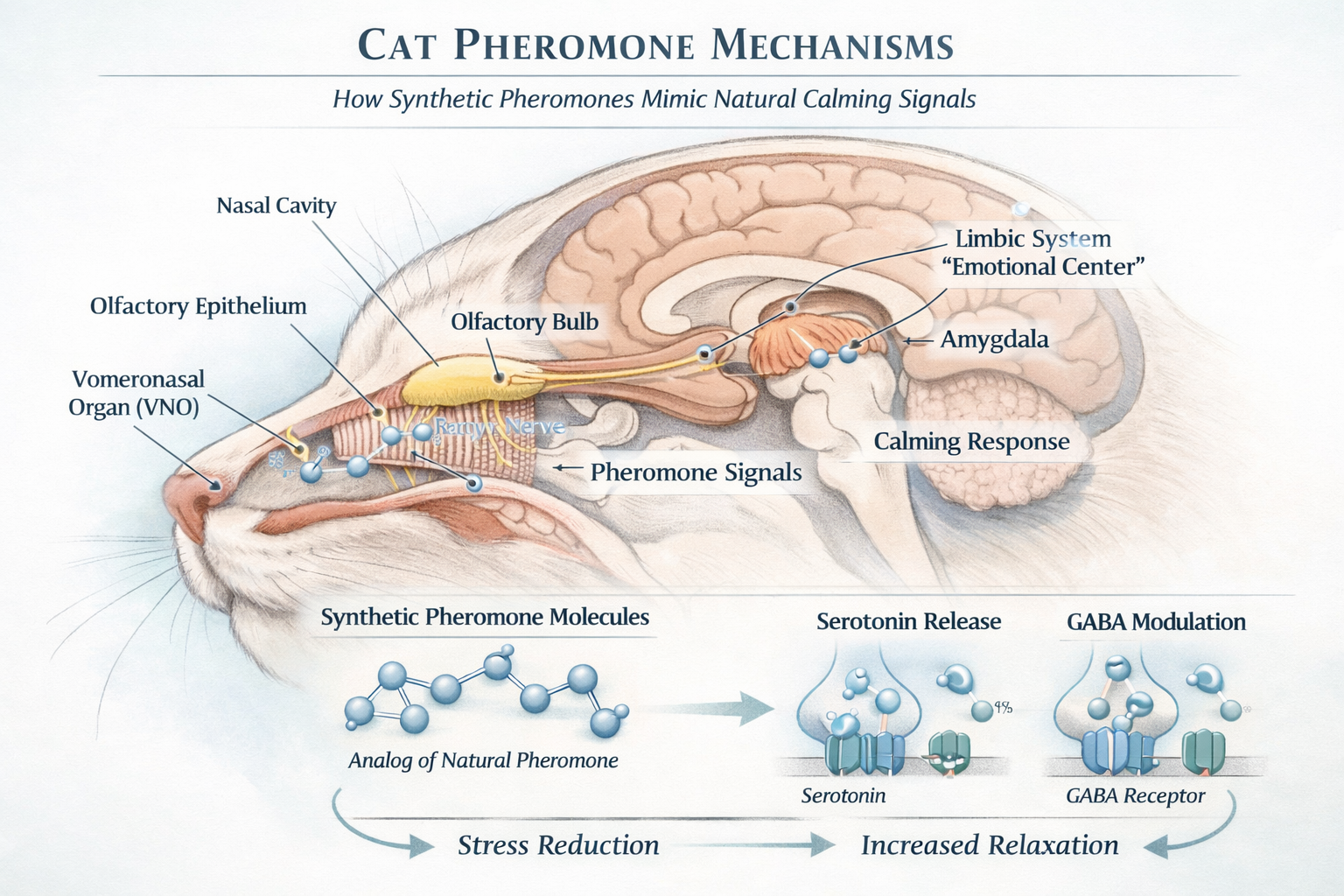 Scientific illustration explaining cat pheromone mechanisms, cross-sectional view of cat's olfactory system and brain,