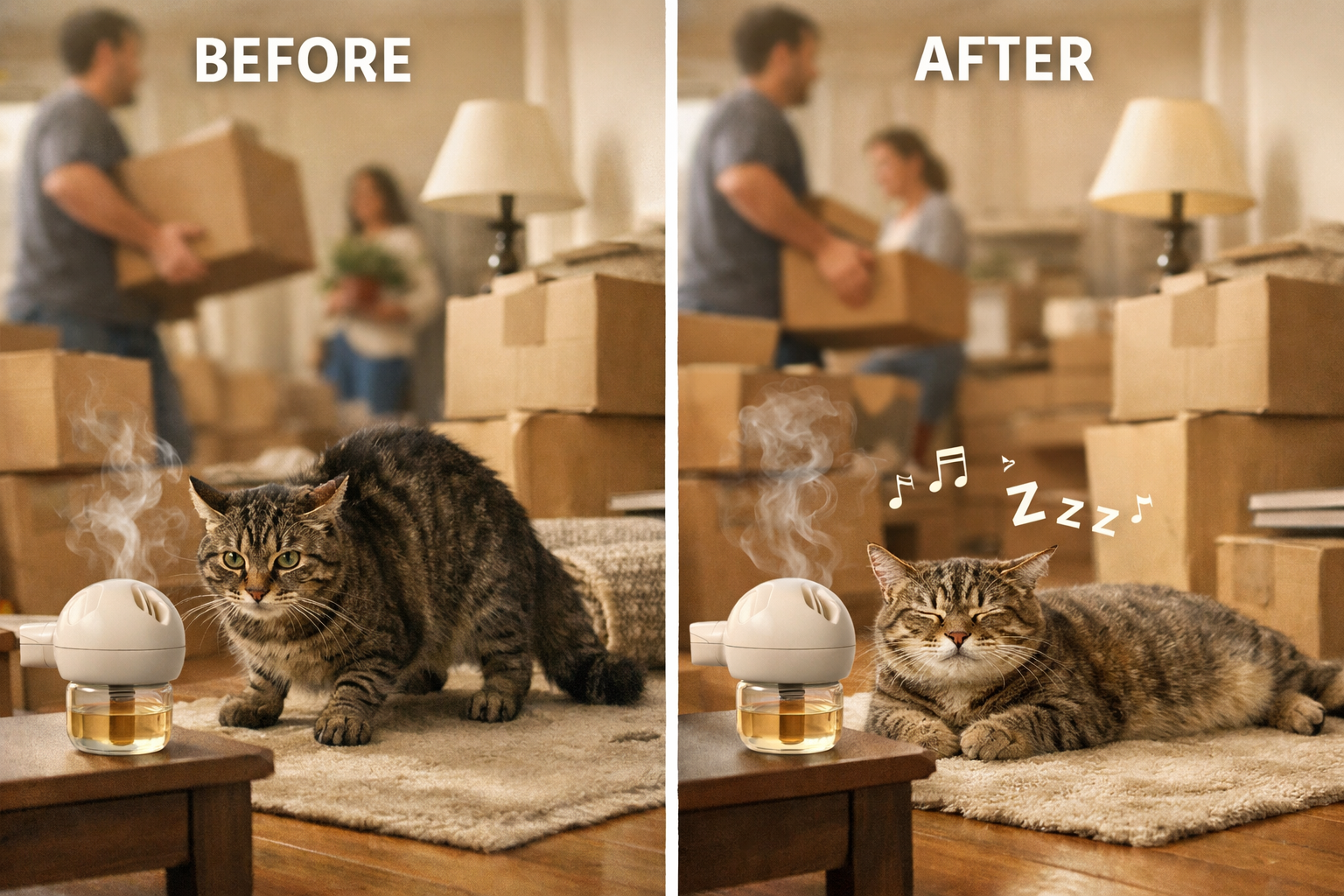 Dynamic moving day scene demonstrating pheromone application, split-screen composition showing before/after cat stress