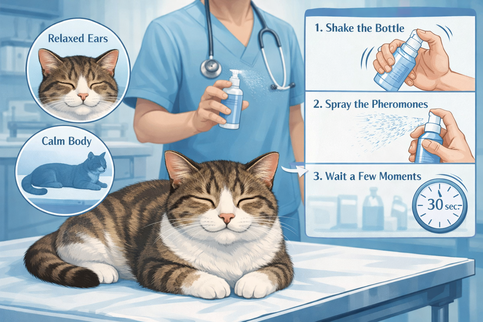 Veterinary clinic scene illustrating pheromone usage during medical visits, close-up of calm cat on examination table,