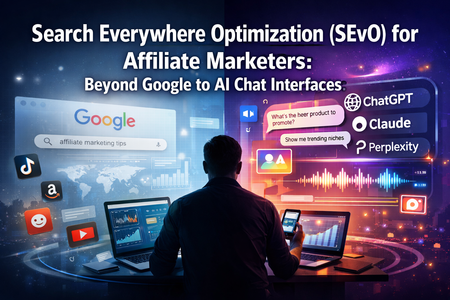 Professional () hero image with 'Search Everywhere Optimization (SEvO) for Affiliate Marketers: Beyond Google to AI Chat