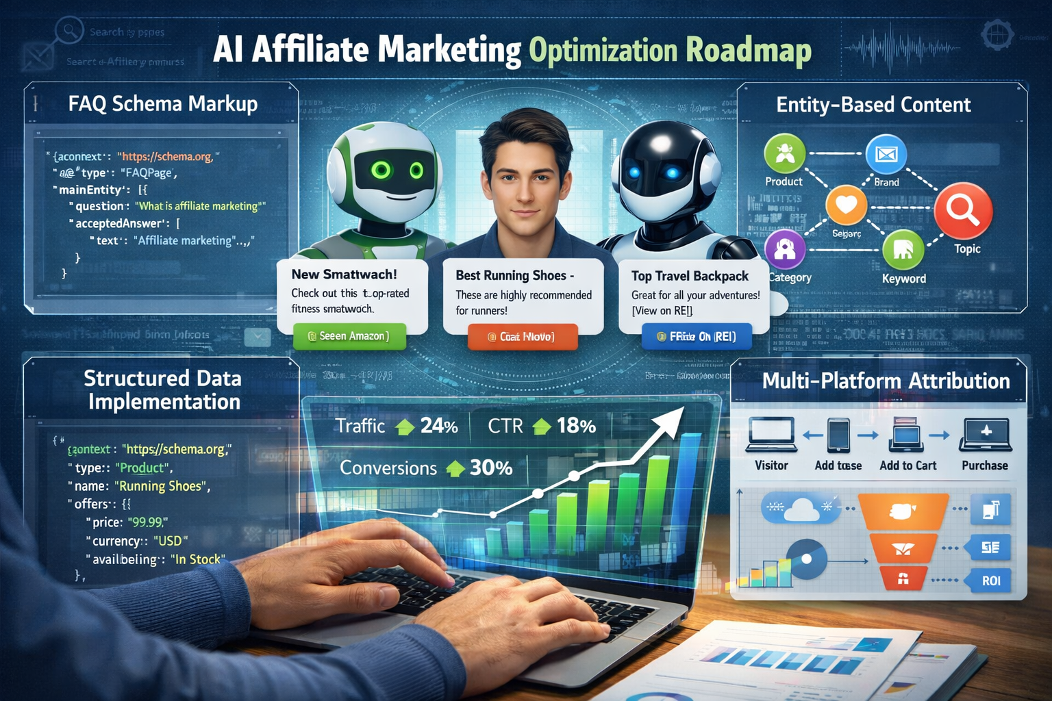 () detailed implementation roadmap visualization for affiliate marketers optimizing for AI chat interfaces. Center displays