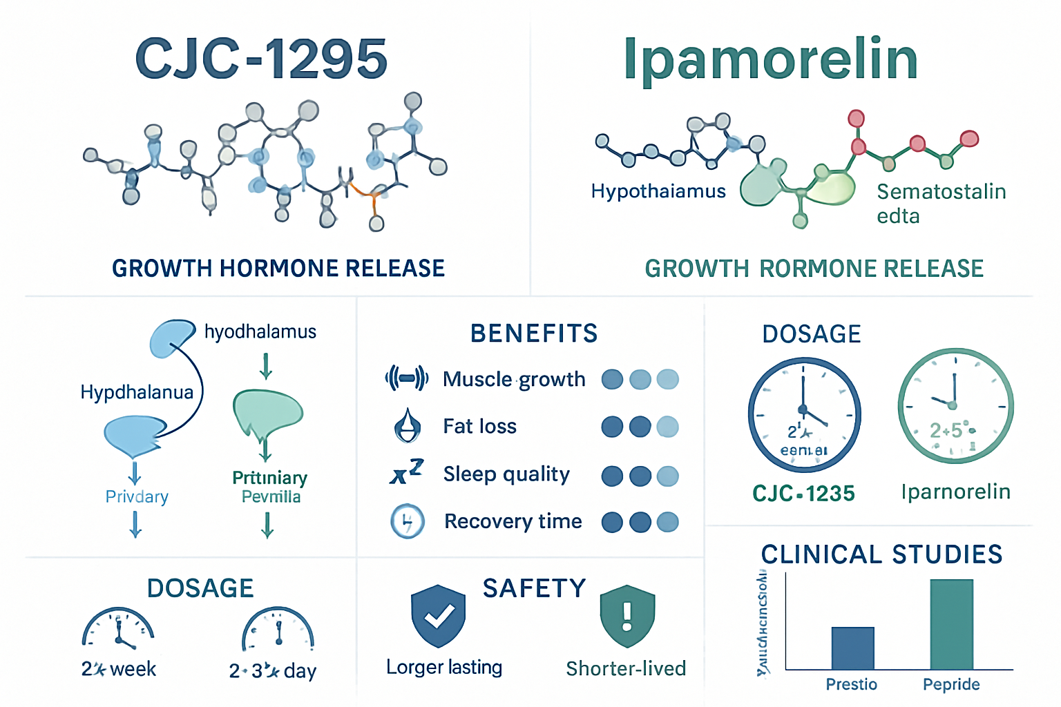 Detailed infographic comparing CJC-1295 and Ipamorelin mechanisms of action, side-by-side molecular structures, growth hormone release pathw
