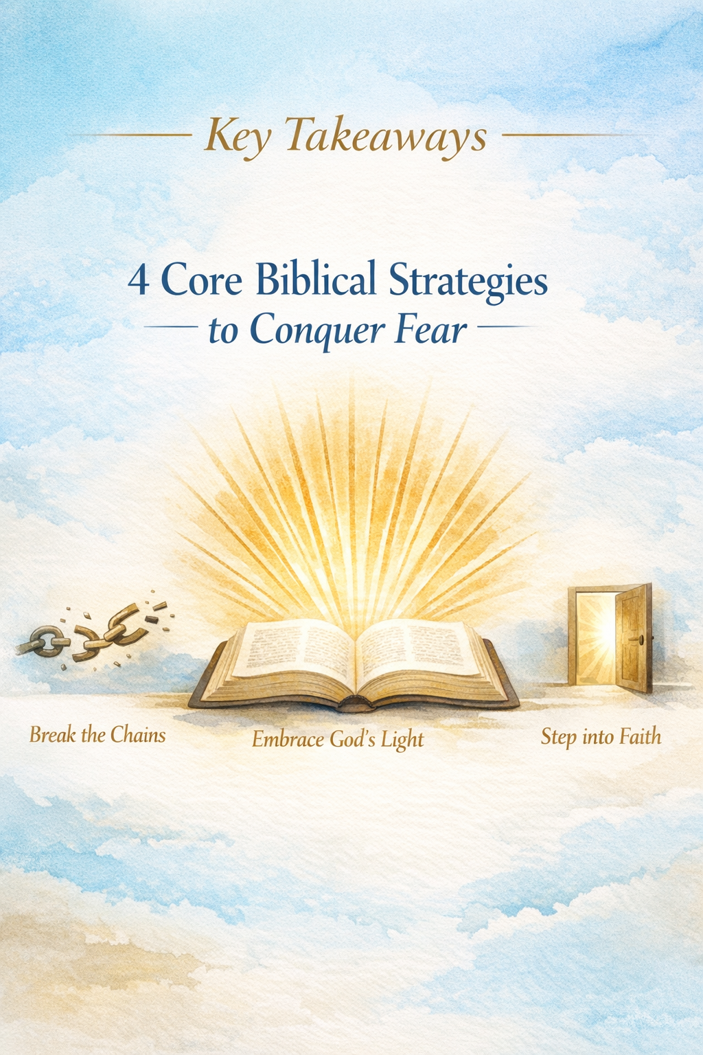 Key Takeaways section infographic with minimalist design featuring an open Bible, golden rays of light radiating from scripture, abstract ic