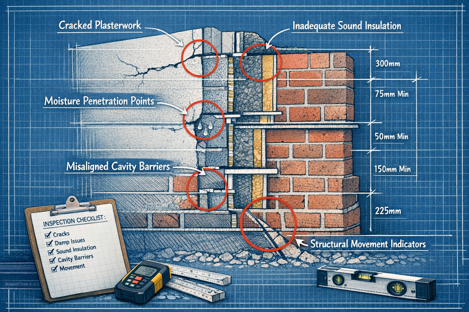 Detailed () image showing close-up cross-section illustration of party wall construction in new build property with labeled