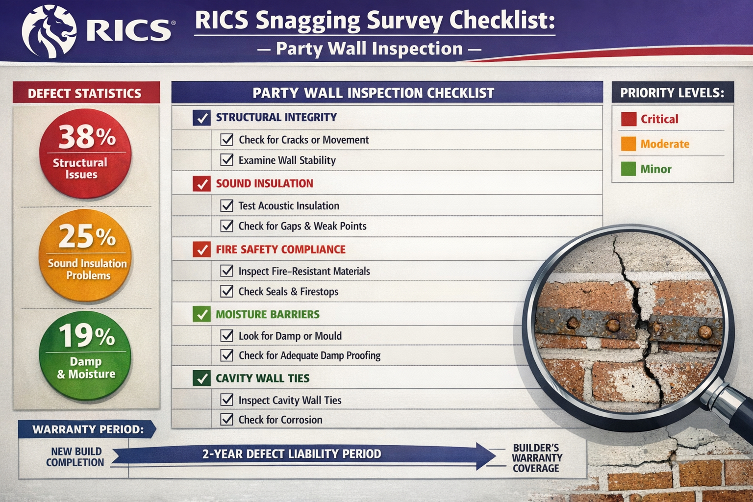 Comprehensive () infographic displaying RICS snagging survey checklist specifically for party wall inspections in table