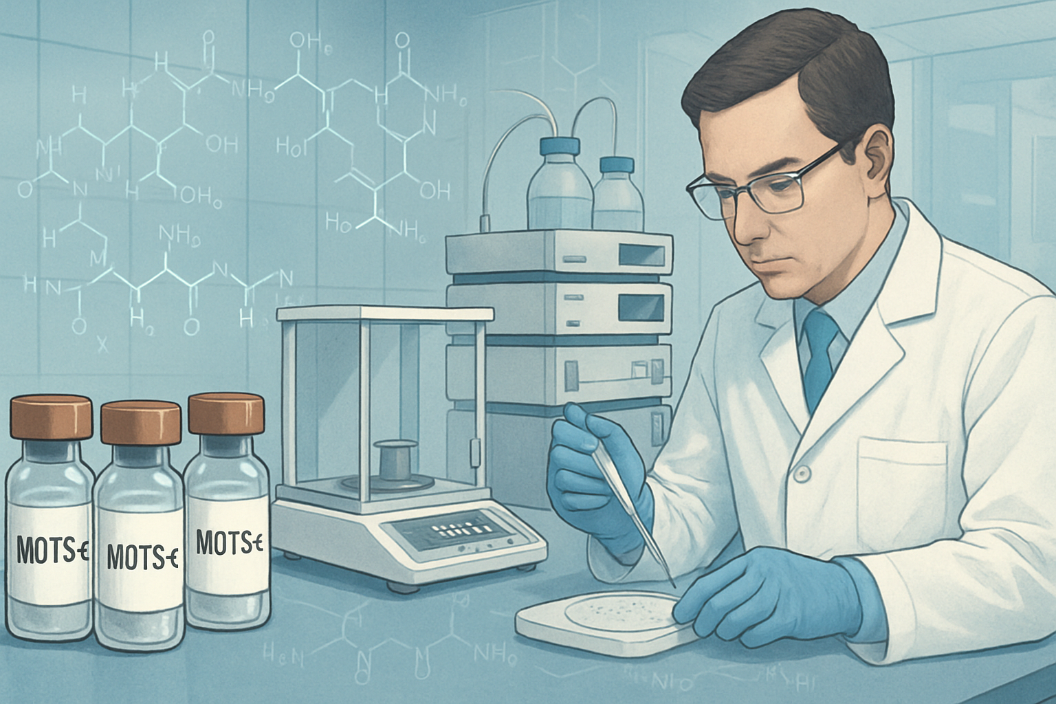 A detailed illustration of a peptide synthesis laboratory, showcasing vials labeled 'MOTS-c', precision scales, chromatography equipment, an