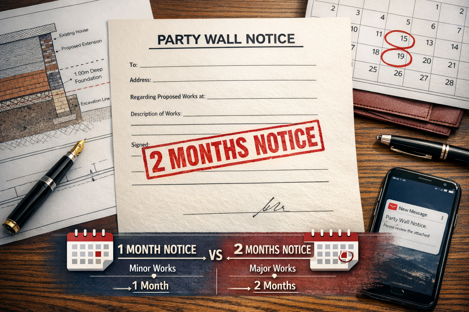 Detailed () image showing close-up of official Party Wall Notice document on wooden desk with '2 MONTHS NOTICE' stamp