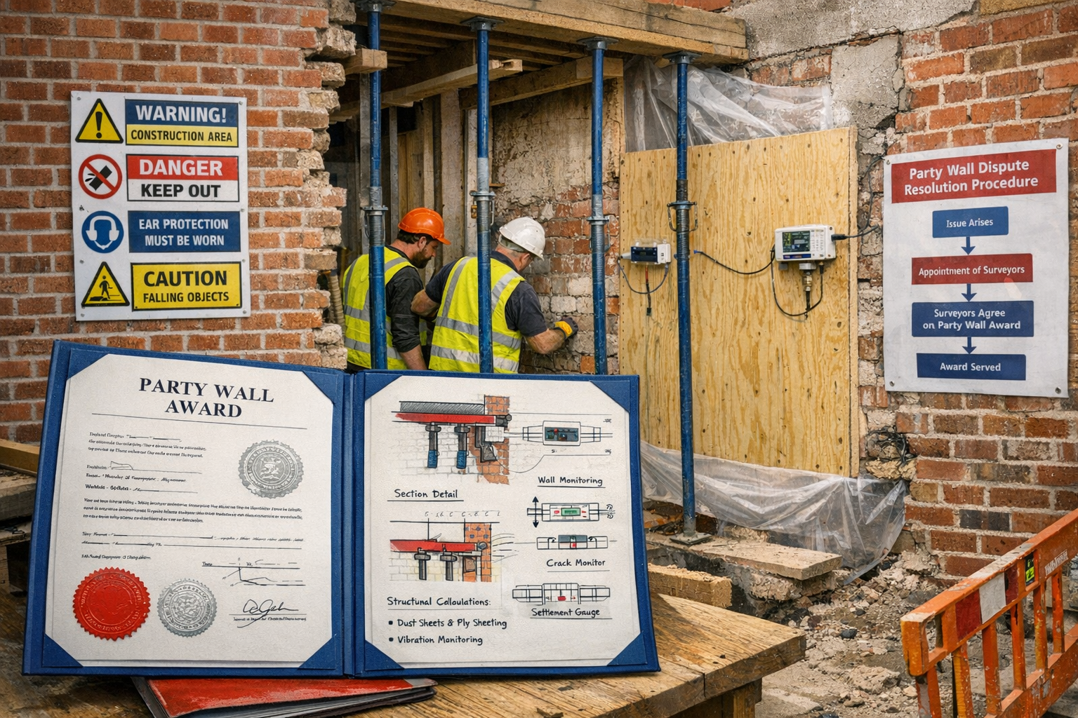 Detailed () image showing construction site mid-extension work with party wall exposed and protected. Foreground displays