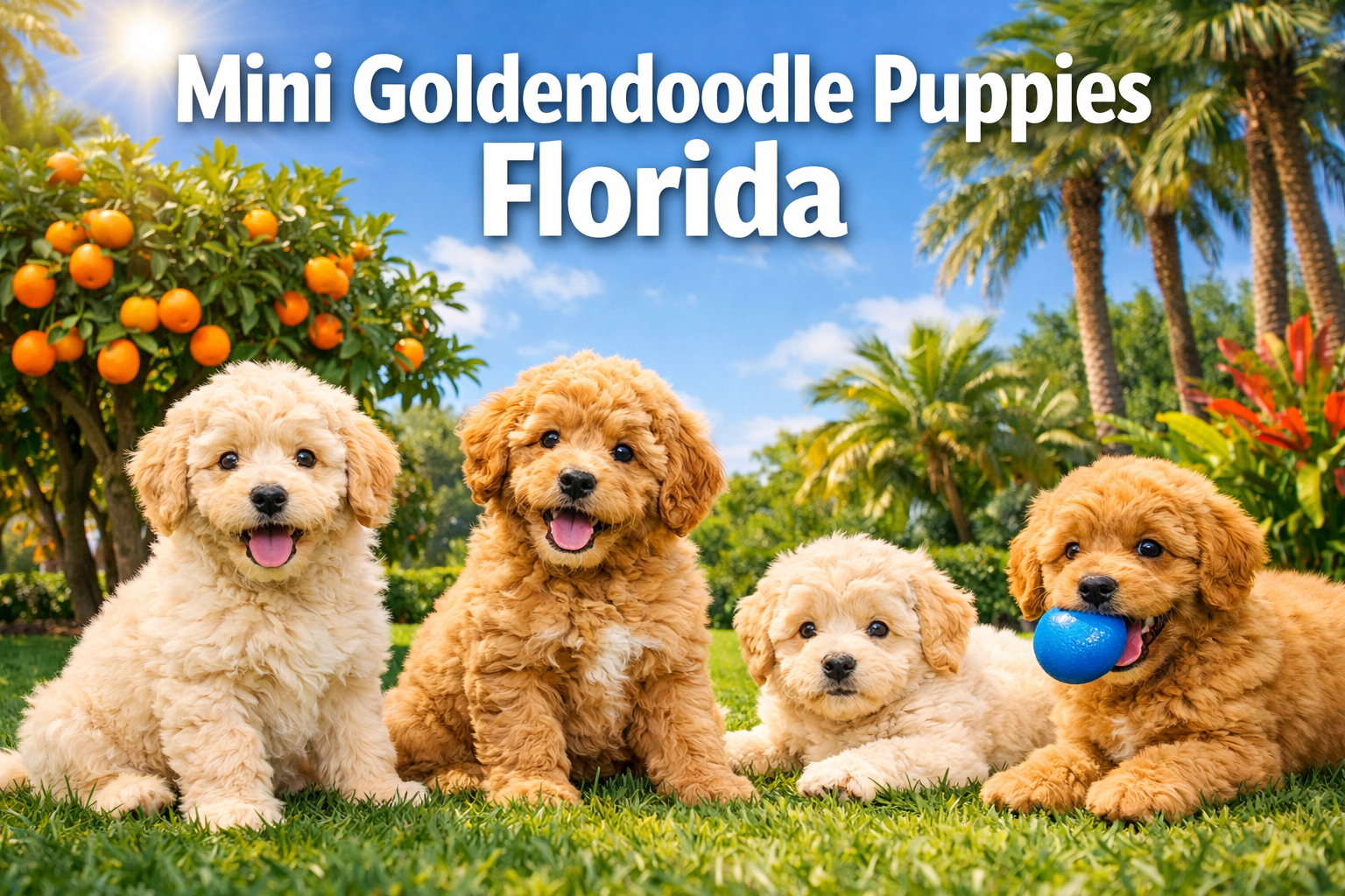 Professional landscape format (1536x1024) hero image featuring adorable mini goldendoodle puppies playing in a sunny Florida backyard with p