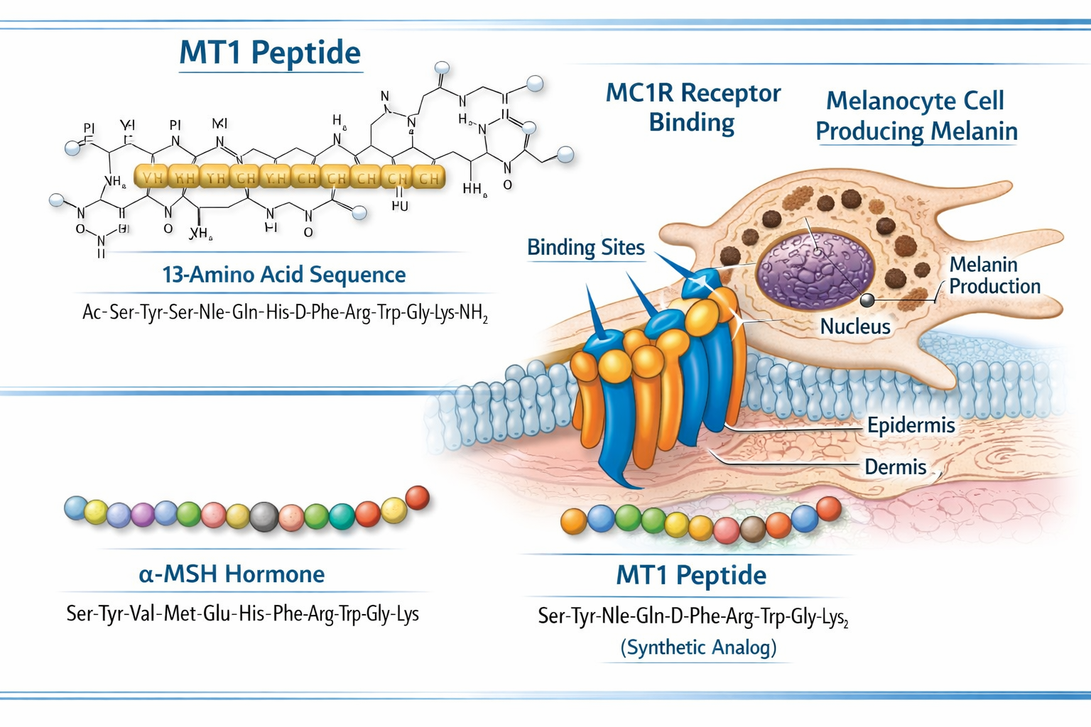 Detailed scientific illustration showing MT1 peptide molecular structure with 13 amino acid sequence highlighted in gold, melanocortin MC1R 