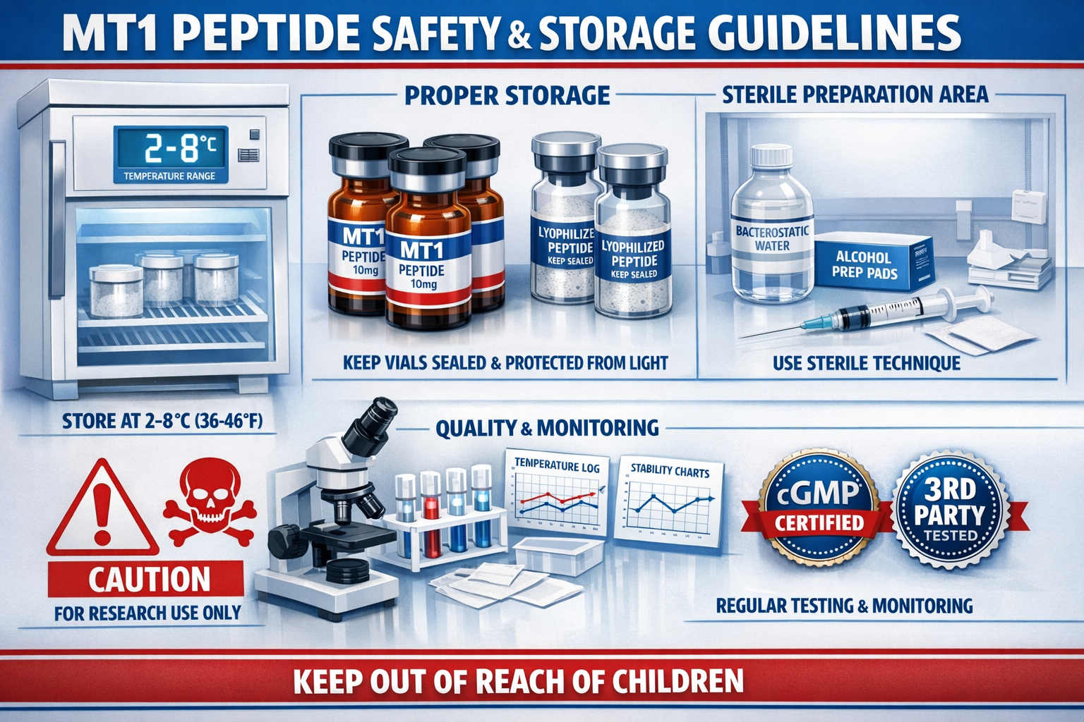 Safety and storage guidelines visual featuring proper MT1 peptide storage setup with refrigerator temperature display showing 2-8°C, amber g